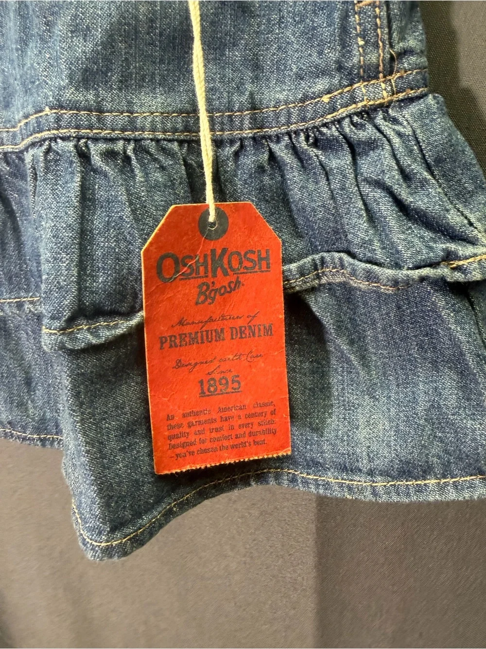 Girl's OSHKOSH Denim Ruffle Dress Overall Jumper Vestbak~Embroidery Flowers 24 m